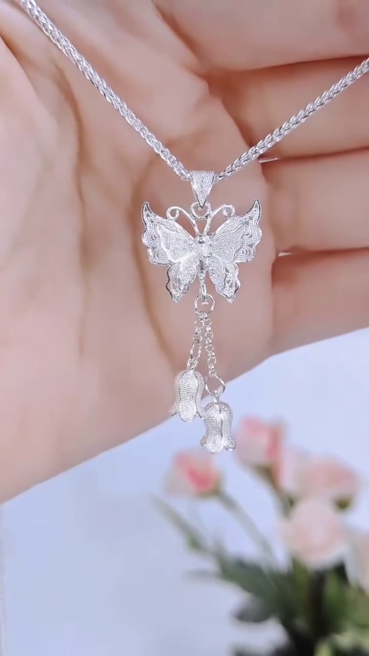 Elegant Sterling Silver Double Layer Chain Necklace with Filigree Butterfly and Floral Drop Charms - Image 3