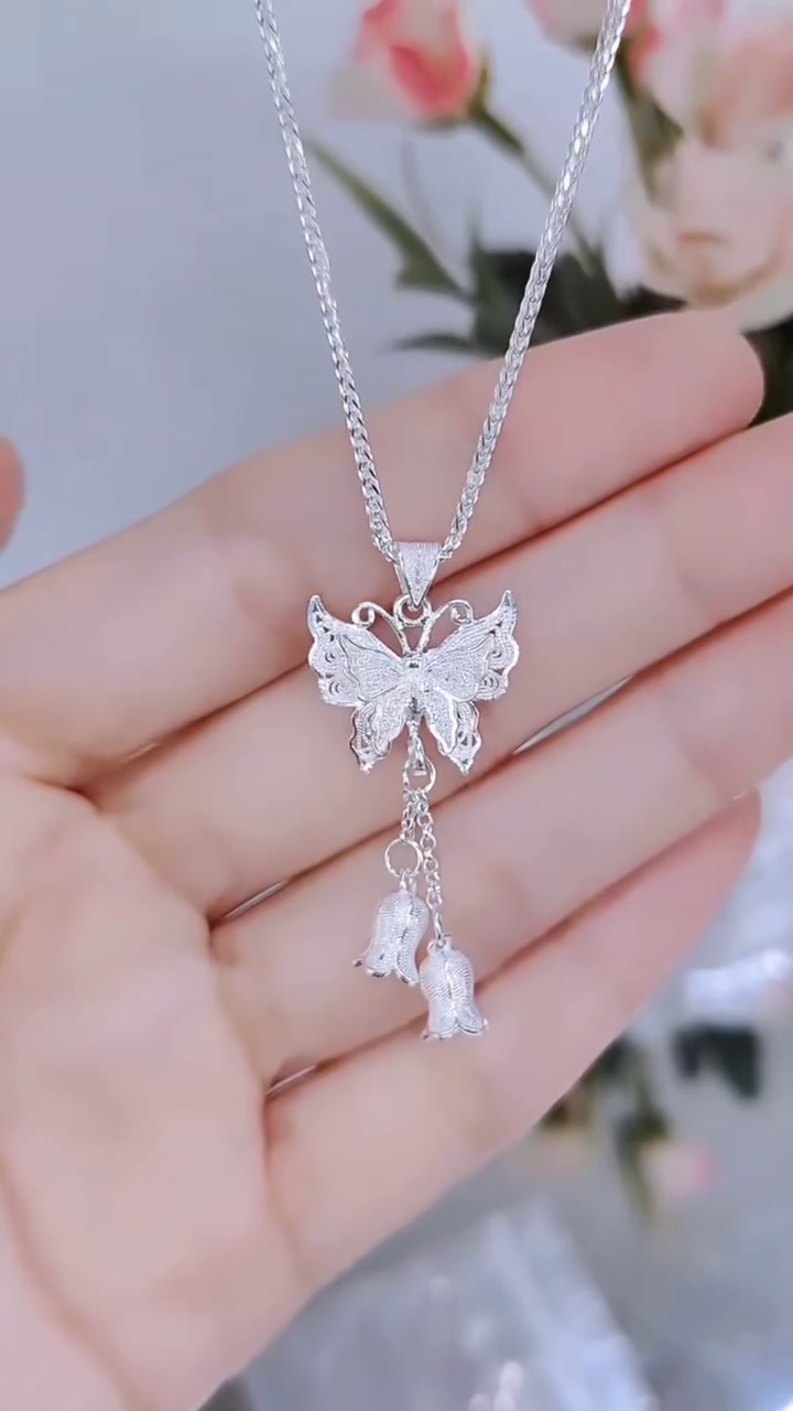 Elegant Sterling Silver Double Layer Chain Necklace with Filigree Butterfly and Floral Drop Charms - Image 2