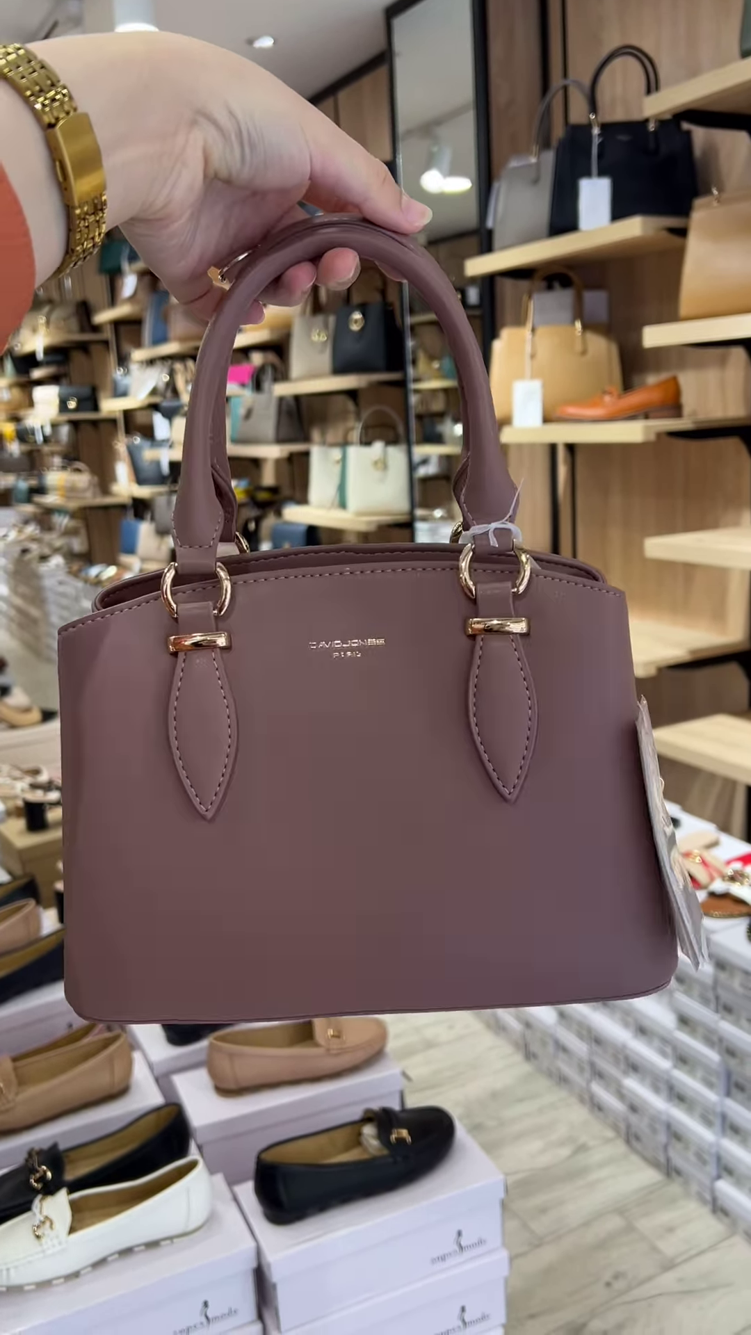 Elegant Structured Top Handle Satchel Handbag in Taupe with Gold-Tone Hardware - Image 4