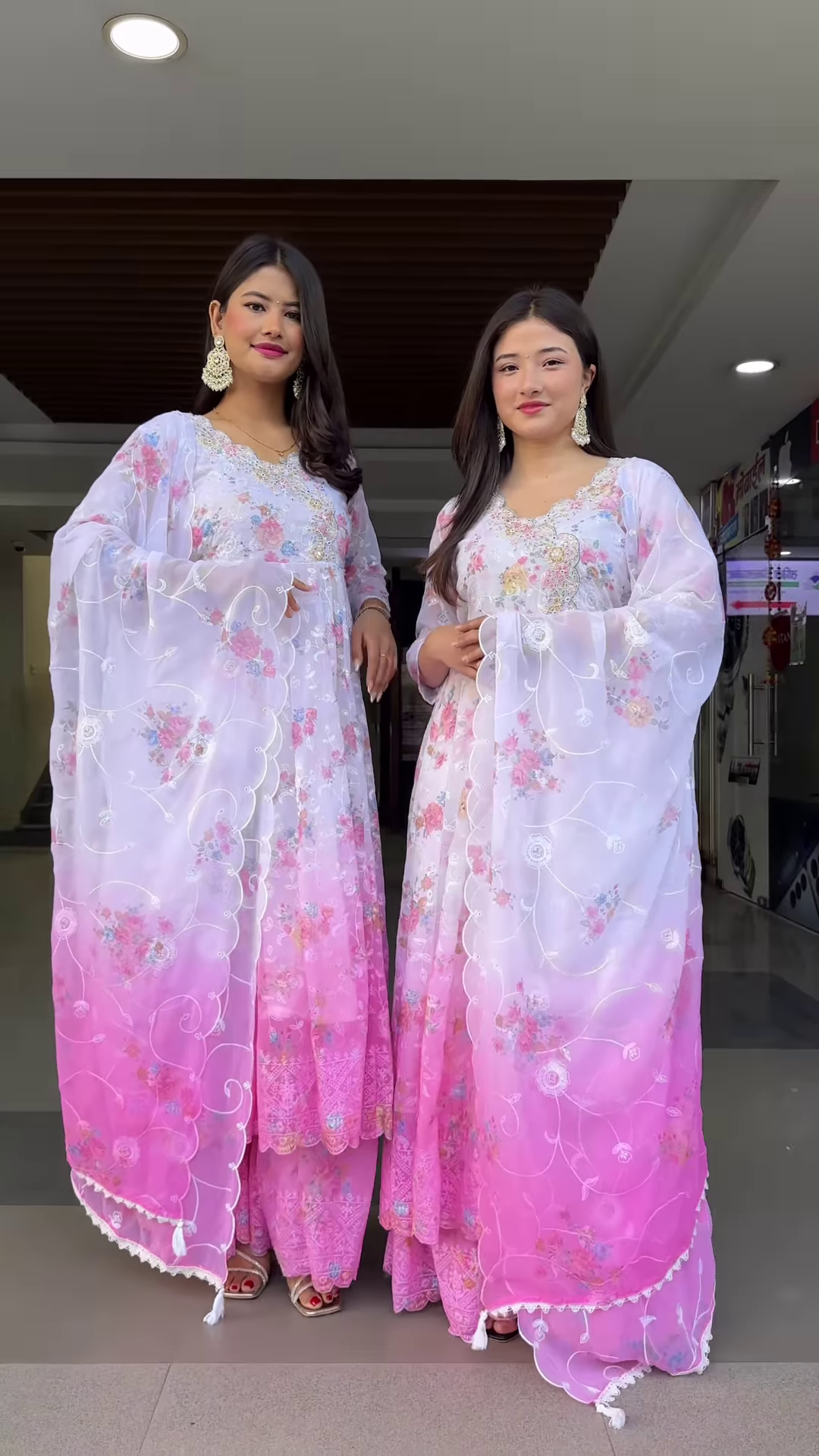 Elegant Women's Floral Print Anarkali Suit Set with Ombre Effect and Dupatta - Image 3