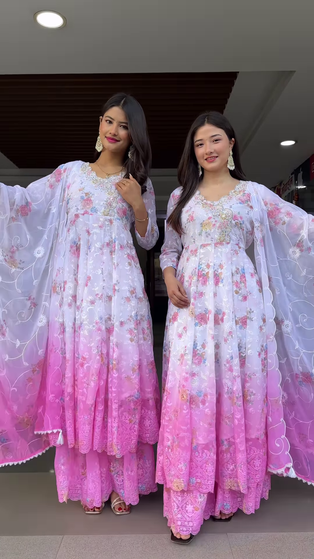 Elegant Women's Floral Print Anarkali Suit Set with Ombre Effect and Dupatta - Image 4