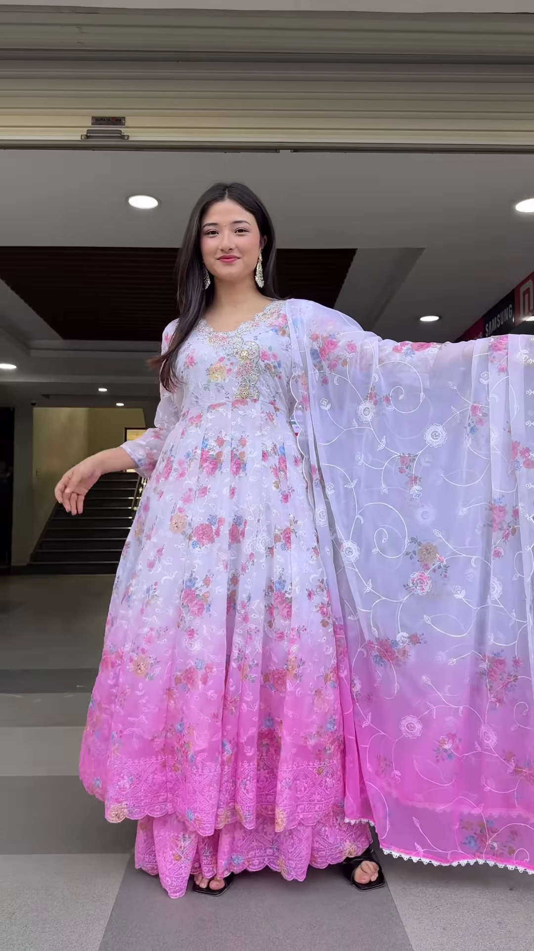 Elegant Women's Floral Print Anarkali Suit Set with Ombre Effect and Dupatta