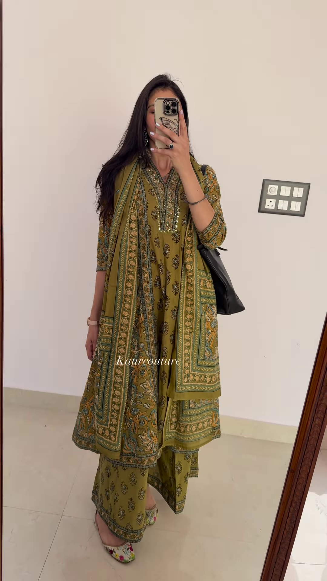 Elegant Women's Olive Green Printed Kurta Palazzo Set with Embellished Neckline and Dupatta