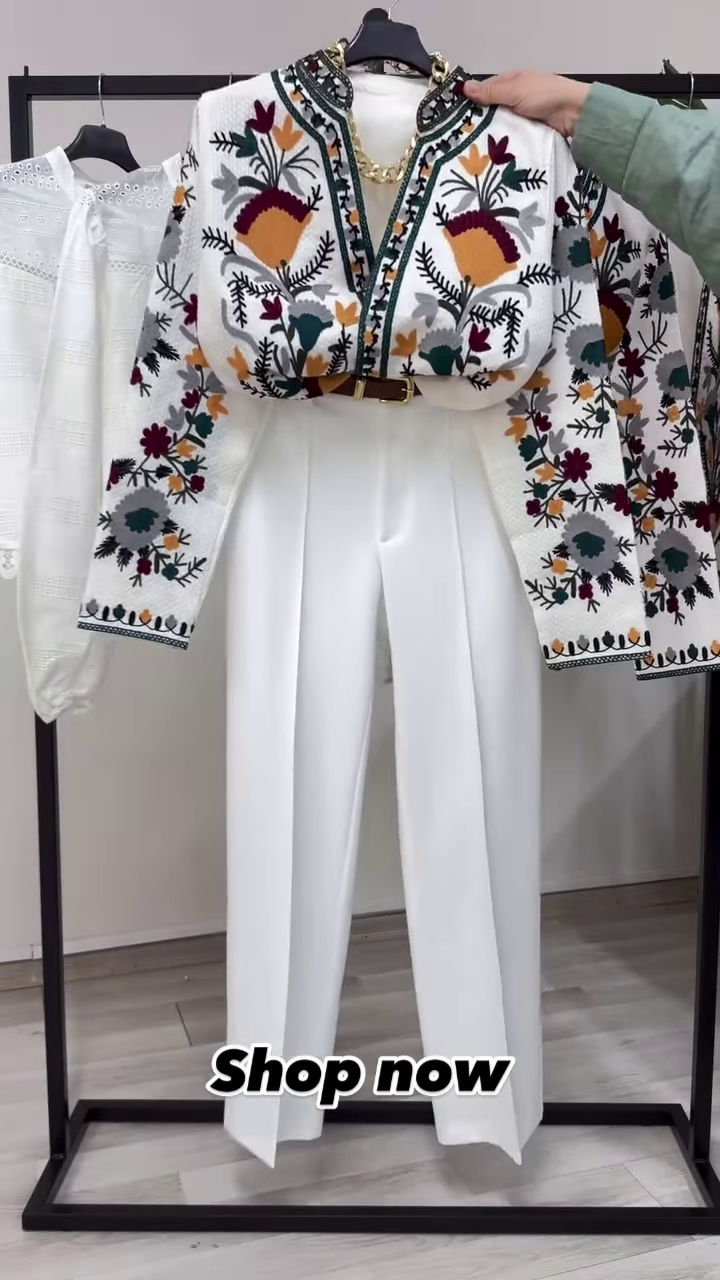 Elegant Women's Embroidered Jacket and High-Waisted White Pants Set - Image 2