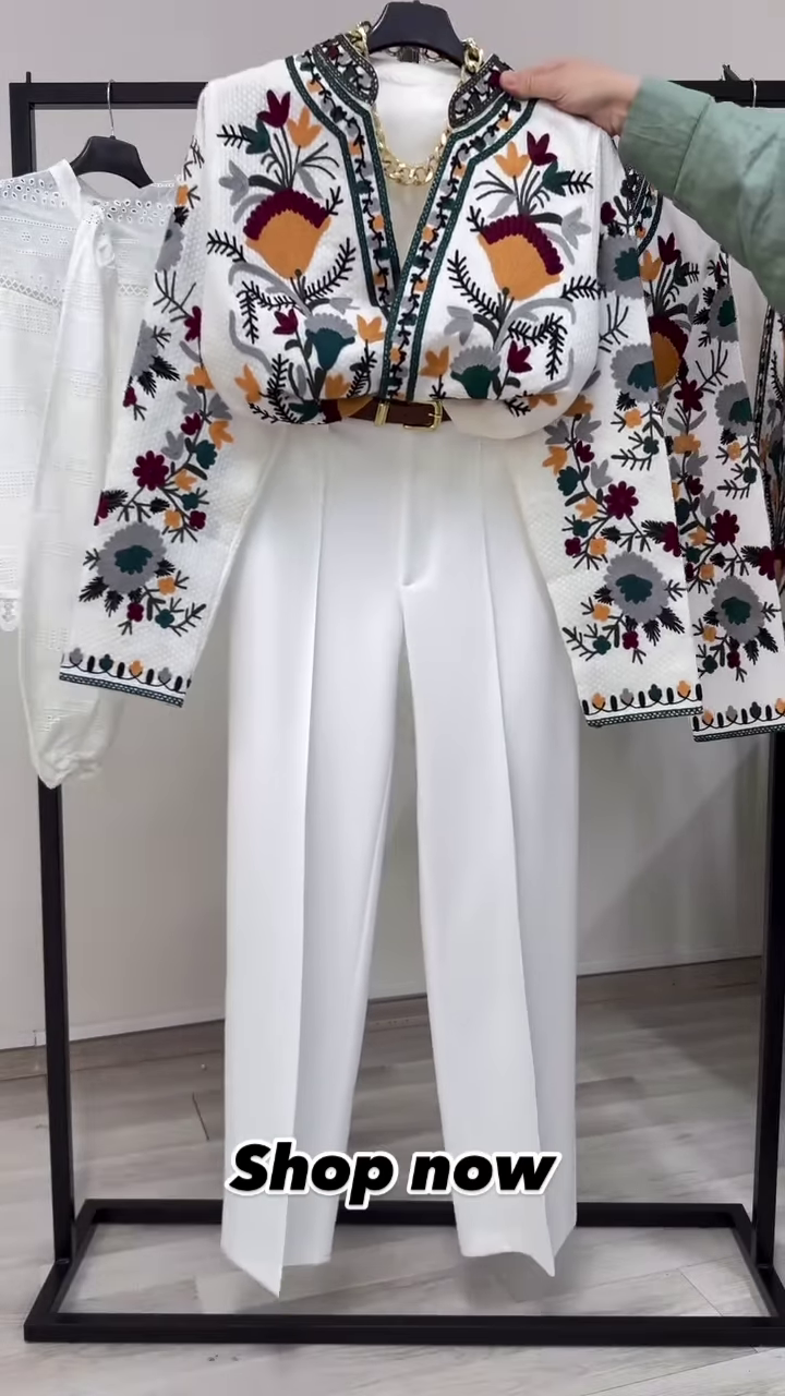 Elegant Women's Embroidered Jacket and High-Waisted White Pants Set