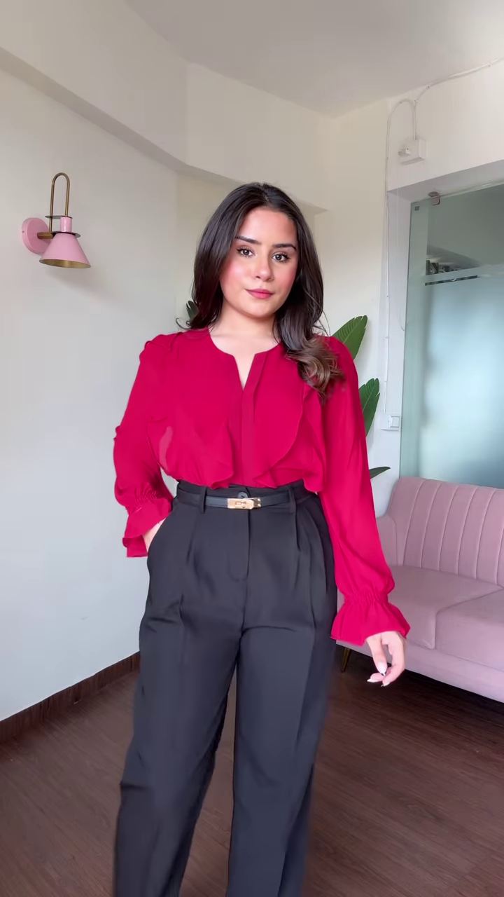 Chic Cold Shoulder Floral Print Blouse with Ruffle Sleeves and High-Waisted Black Pants - Image 5