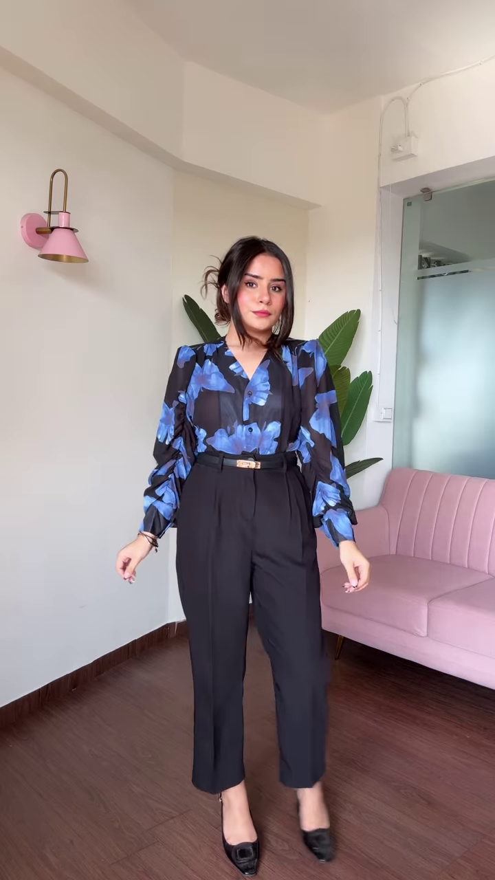 Chic Cold Shoulder Floral Print Blouse with Ruffle Sleeves and High-Waisted Black Pants - Image 3