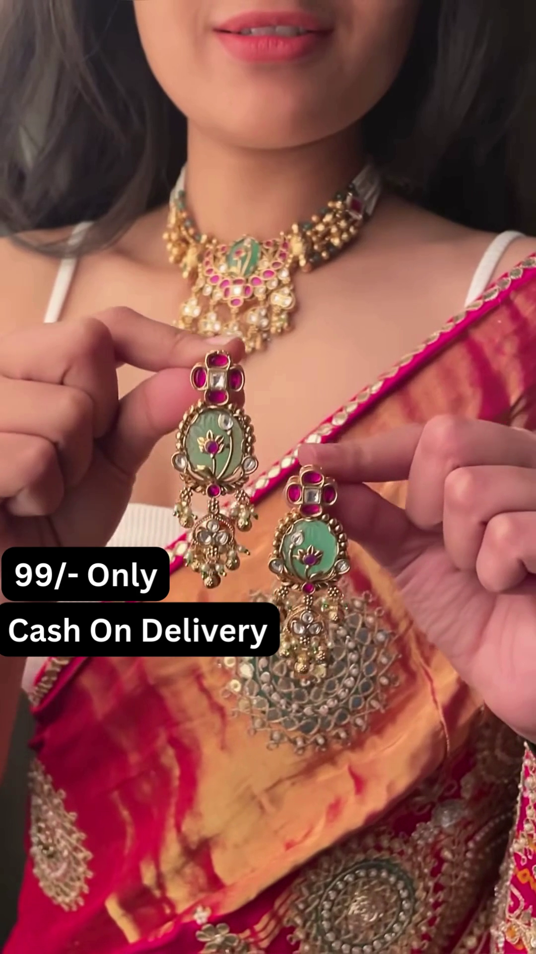 Exquisite Kundan Choker Necklace Set with Green Stone and Pearl Drops