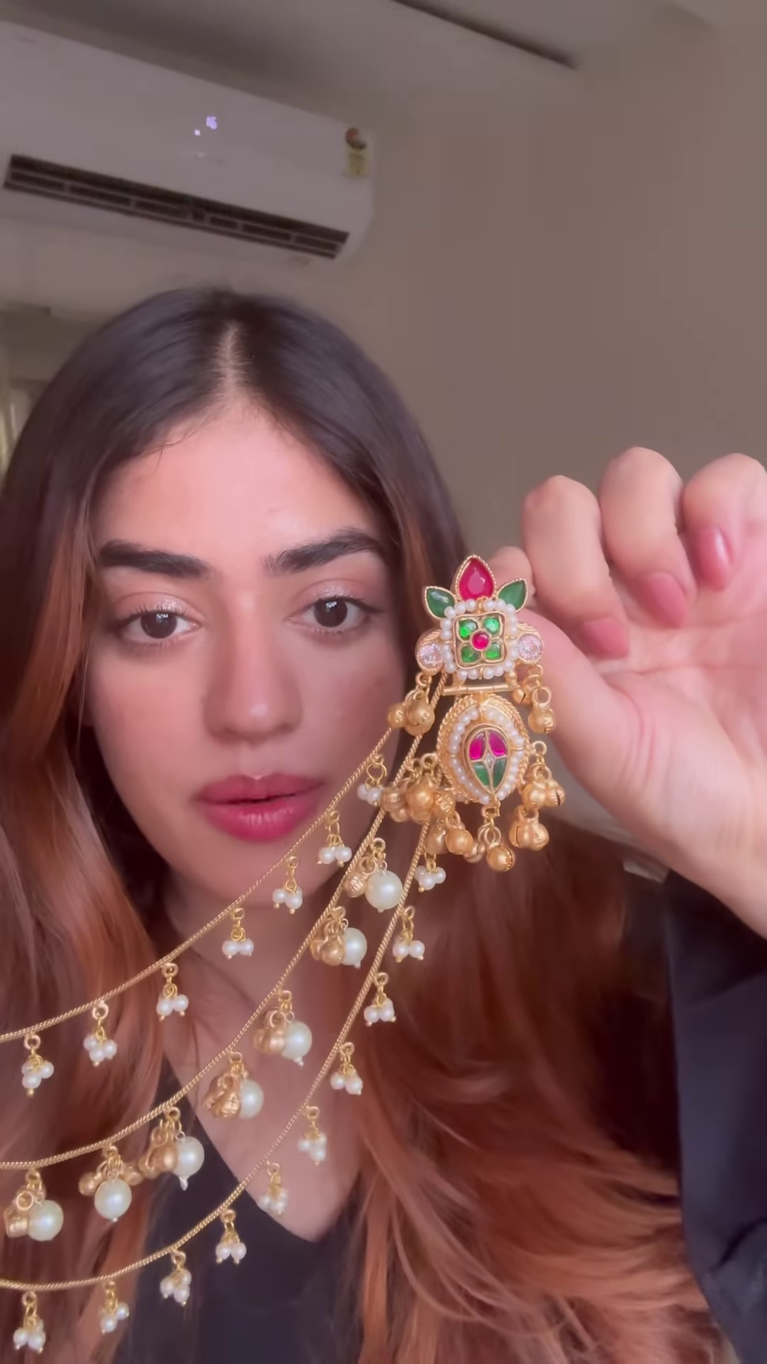 Elegant Gold-Toned Ear Chain (Kaan Chain/Mattal) with Kundan and Pearl Drops