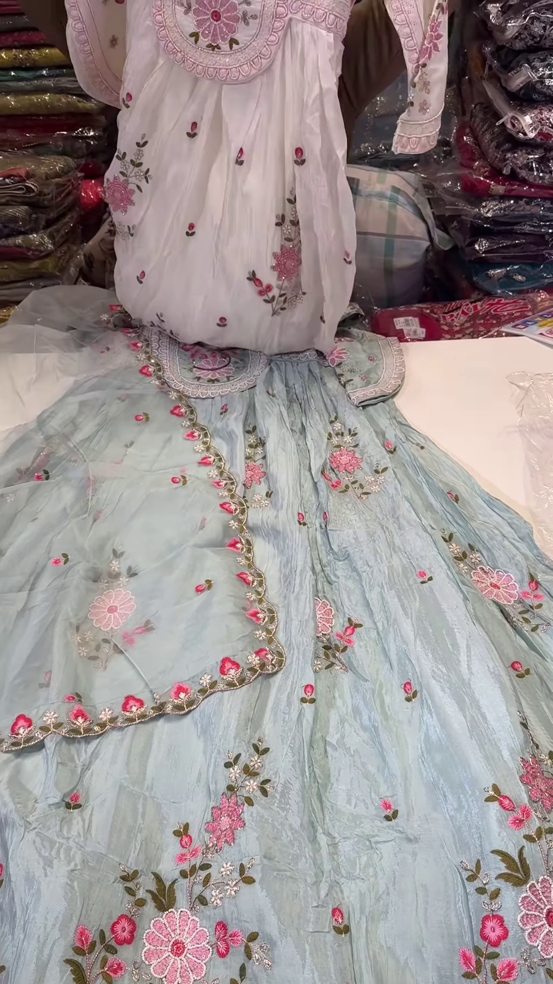 Elegant White Anarkali Kurta with Pink Floral Embroidery and Sheer Sleeves - Image 2