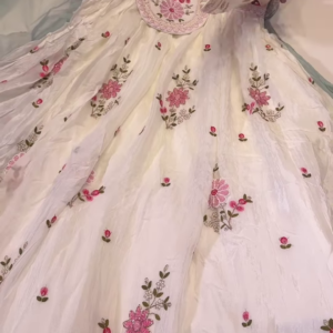 Elegant White Anarkali Kurta with Pink Floral Embroidery and Sheer Sleeves