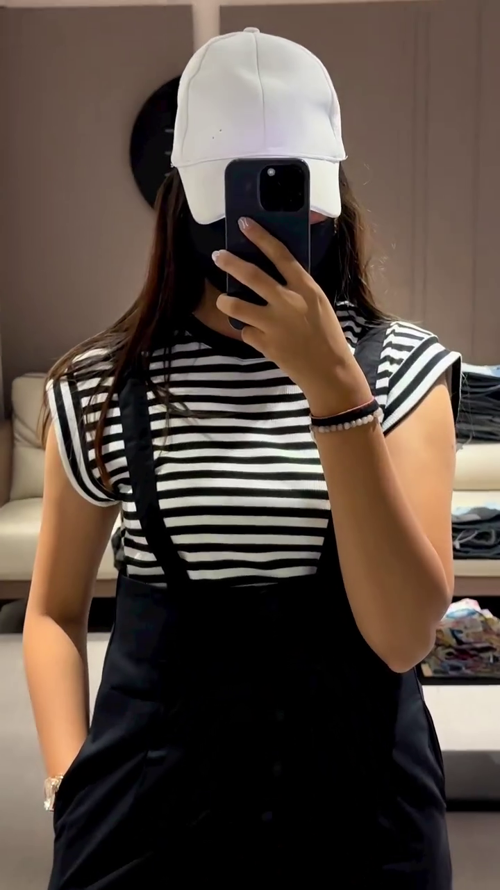 Casual Women's Olive Green Overall Shorts with Striped Tee