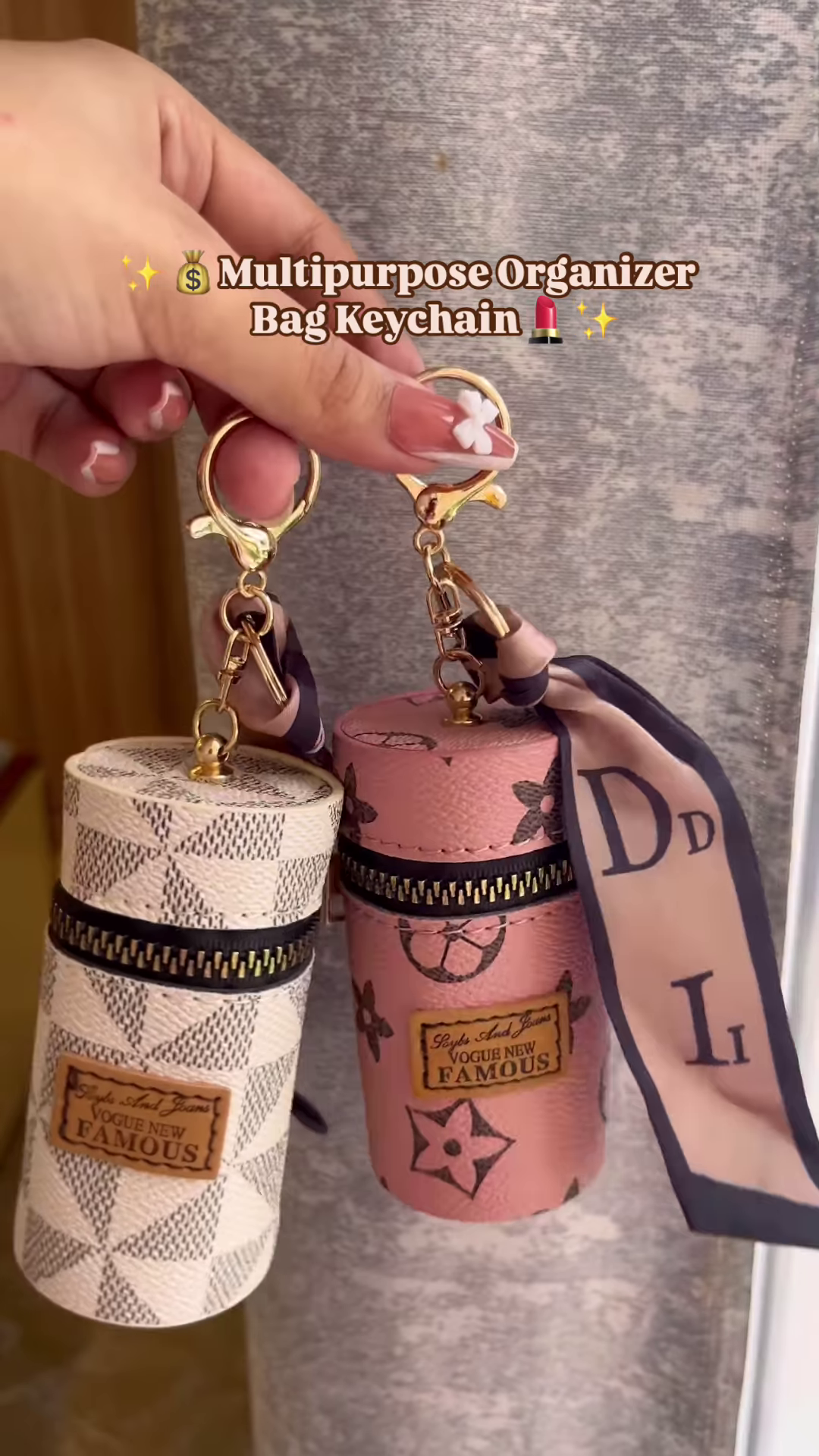 Compact Cylinder Keychain Bag with Zipper and Decorative Scarf