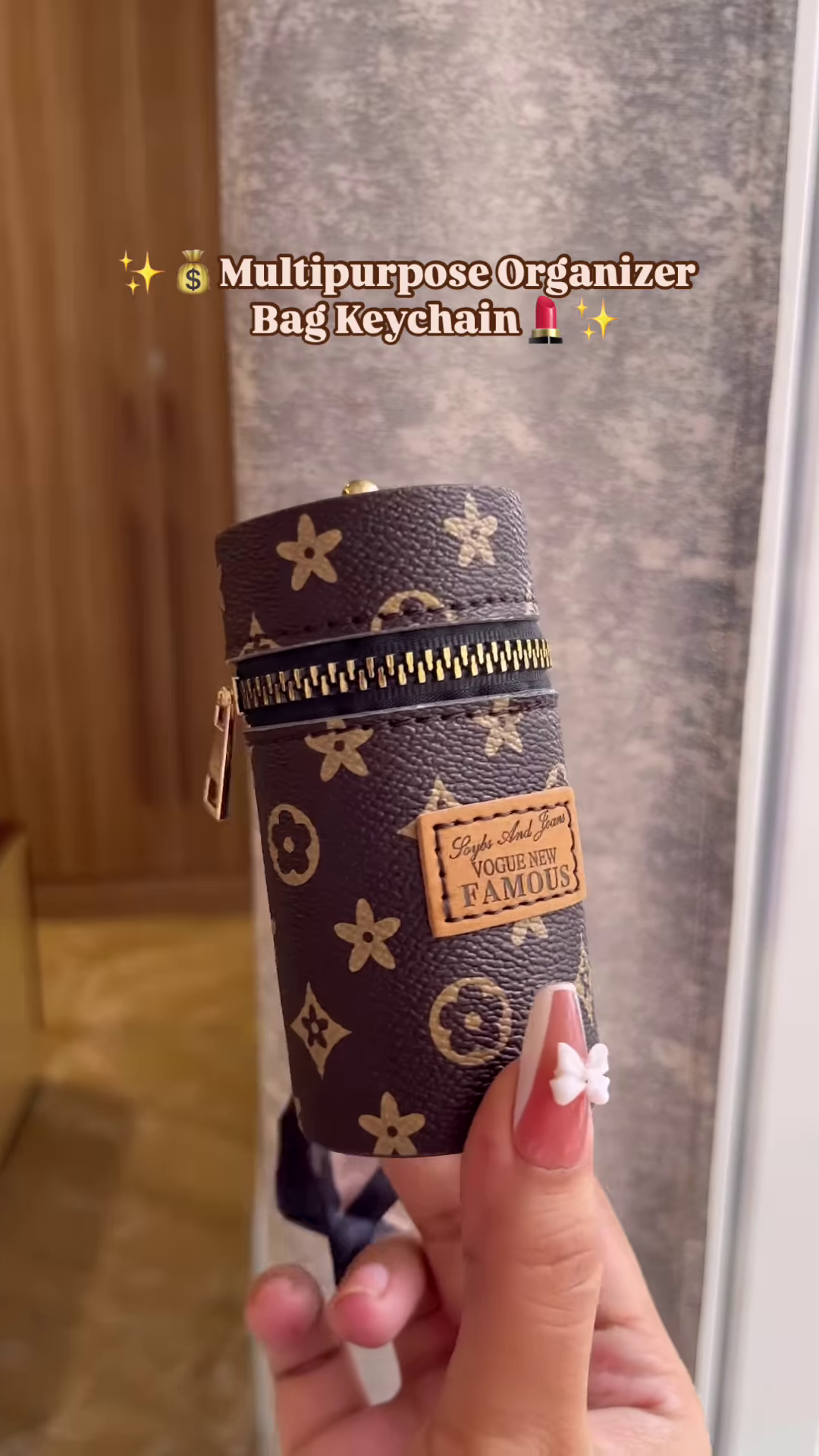 Compact Cylinder Keychain Bag with Zipper and Decorative Scarf - Image 5