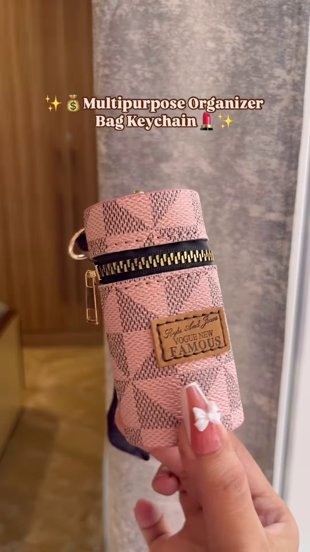 Compact Cylinder Keychain Bag with Zipper and Decorative Scarf - Image 3