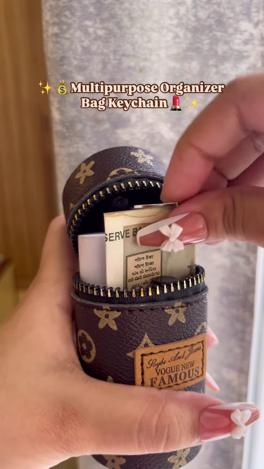 Compact Cylinder Keychain Bag with Zipper and Decorative Scarf - Image 2