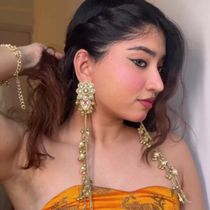 Elegant Gold-Toned Ear Chains (Kaan Chains/Mattals) with Floral Design and Pearl Drops