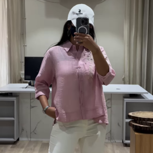 Lightweight Textured Button-Down Shirt with Three-Quarter Sleeves