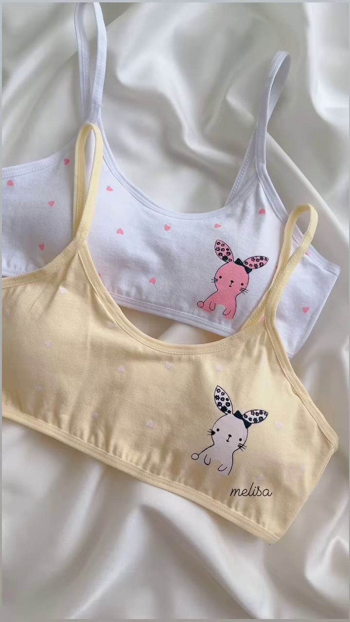 Cute White Cotton Training Bra with Pink Bunny and Hearts for Girls