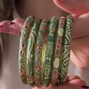 Set of Six Vintage-Inspired Enamel Bangles with Floral and Geometric Designs