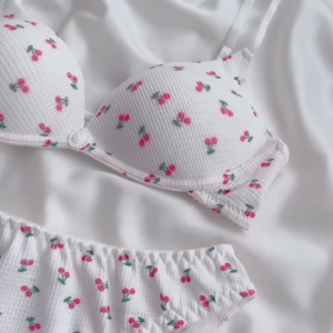 Cute White Ribbed Lingerie Set with Pink Cherry Print