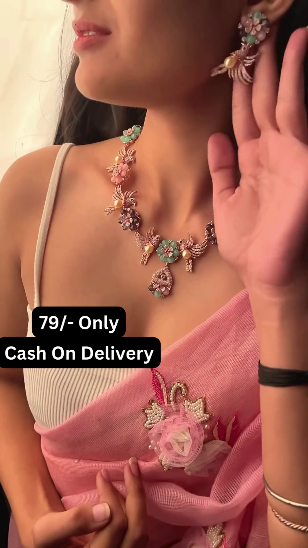 Delicate Floral Statement Necklace with Pastel Gemstones and Pearl Accents - Image 3