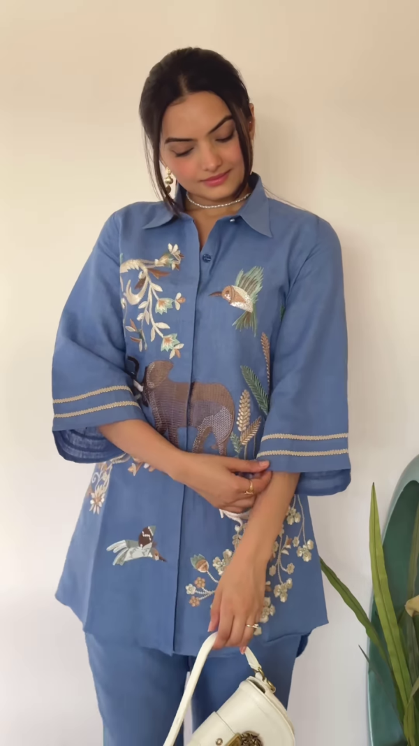 Artisanal Embroidered Linen Blend Shirt and Pants Set with Animal Motifs - Image 2