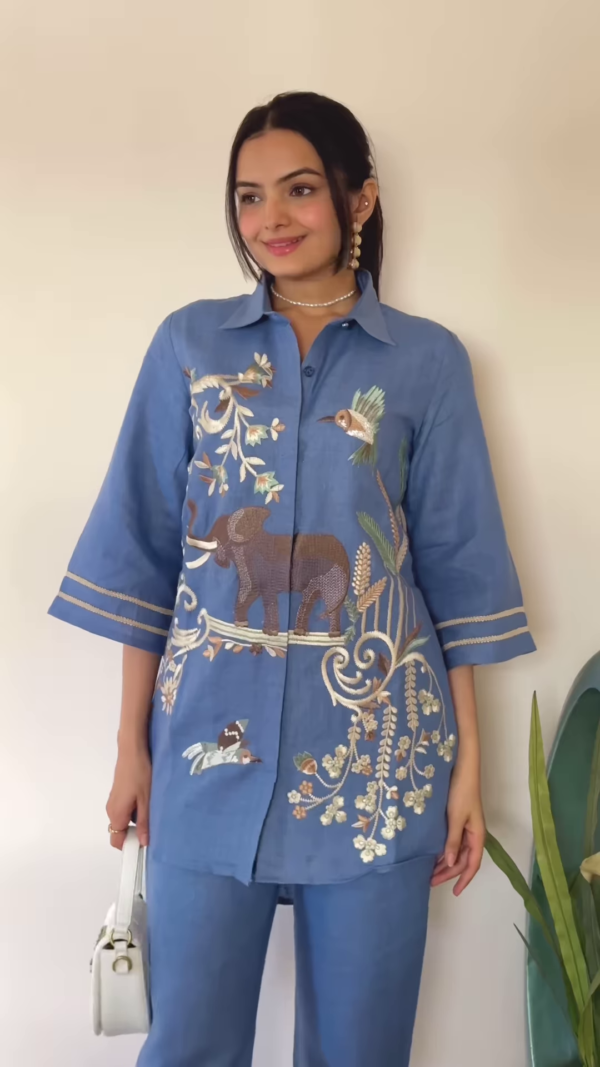 Artisanal Embroidered Linen Blend Shirt and Pants Set with Animal Motifs