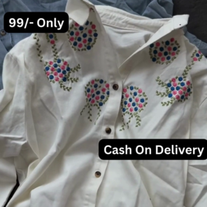Charming White Embroidered Button-Down Shirt with Floral Motifs