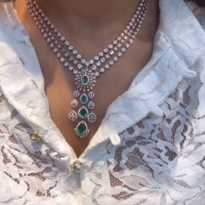 Exquisite Multi-Strand Diamond and Emerald Necklace in Gold Tone