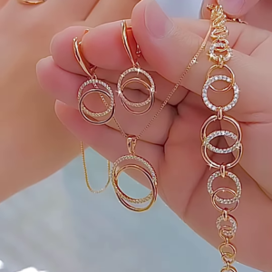 Elegant Rose Gold Tone Jewelry Set with Interlocking Circle Design and Sparkling Accents