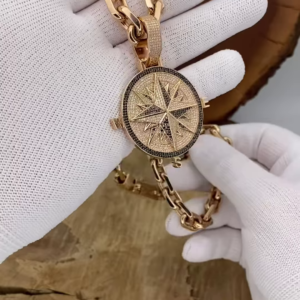 Statement Gold-Toned Compass Pendant Necklace with Intricate Detailing