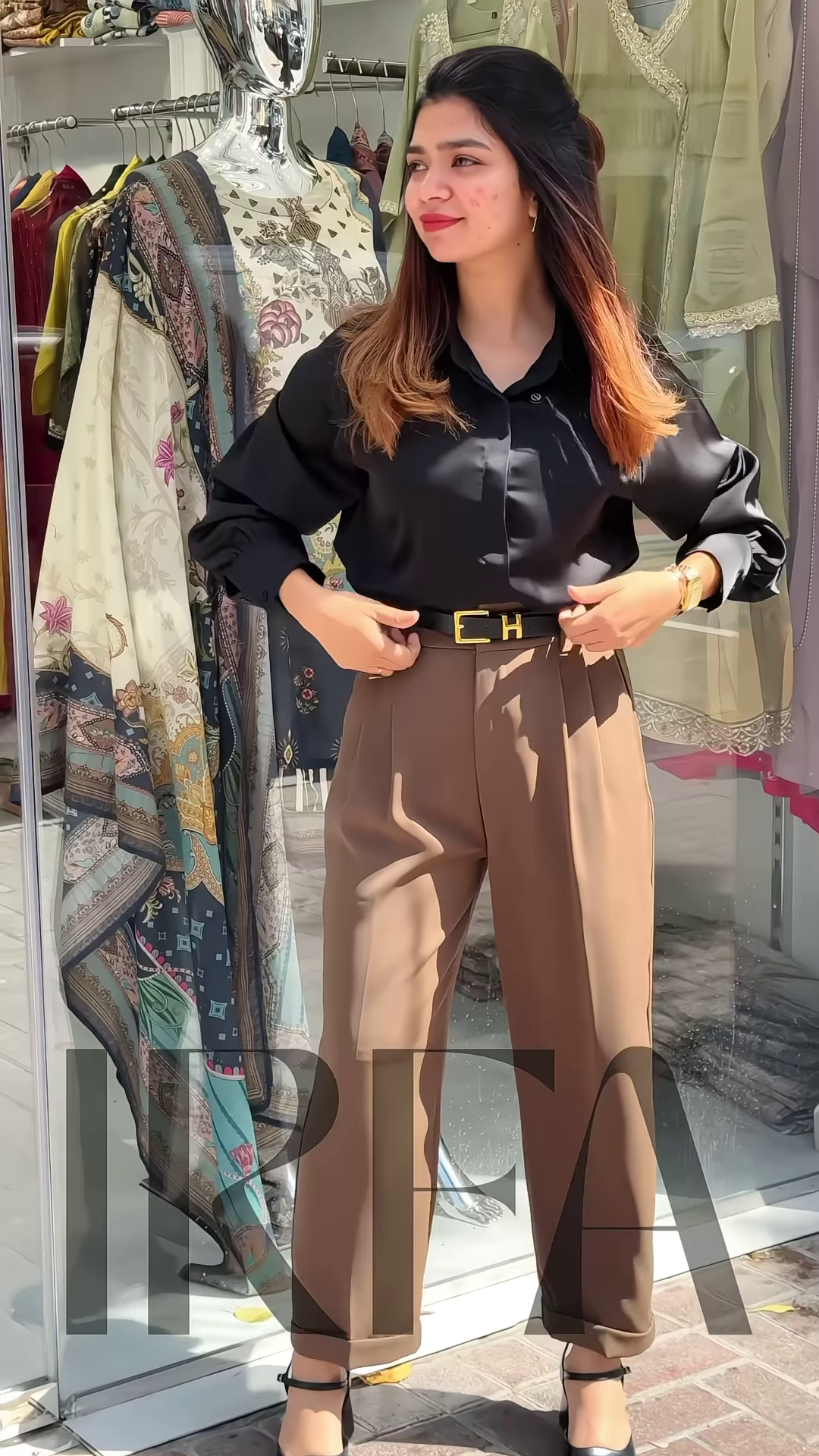 Chic High-Waisted Pleated Palazzo Pants with Button-Down Top - Image 3