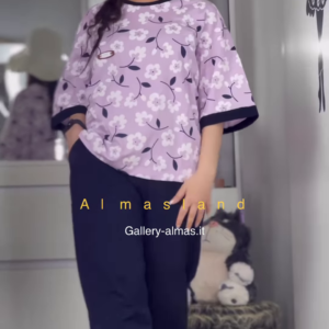 Floral Print Short-Sleeved Pajama Top with Solid Color Pants