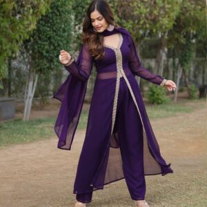 Western Designer Wine Color Georgette Three Piece Kurti Suit