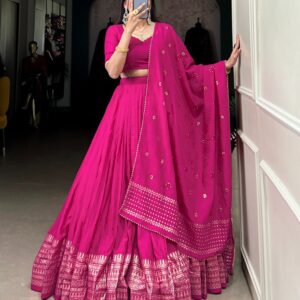Pink Color Pure Chanderi Plain Navratri Lehenga Choli
