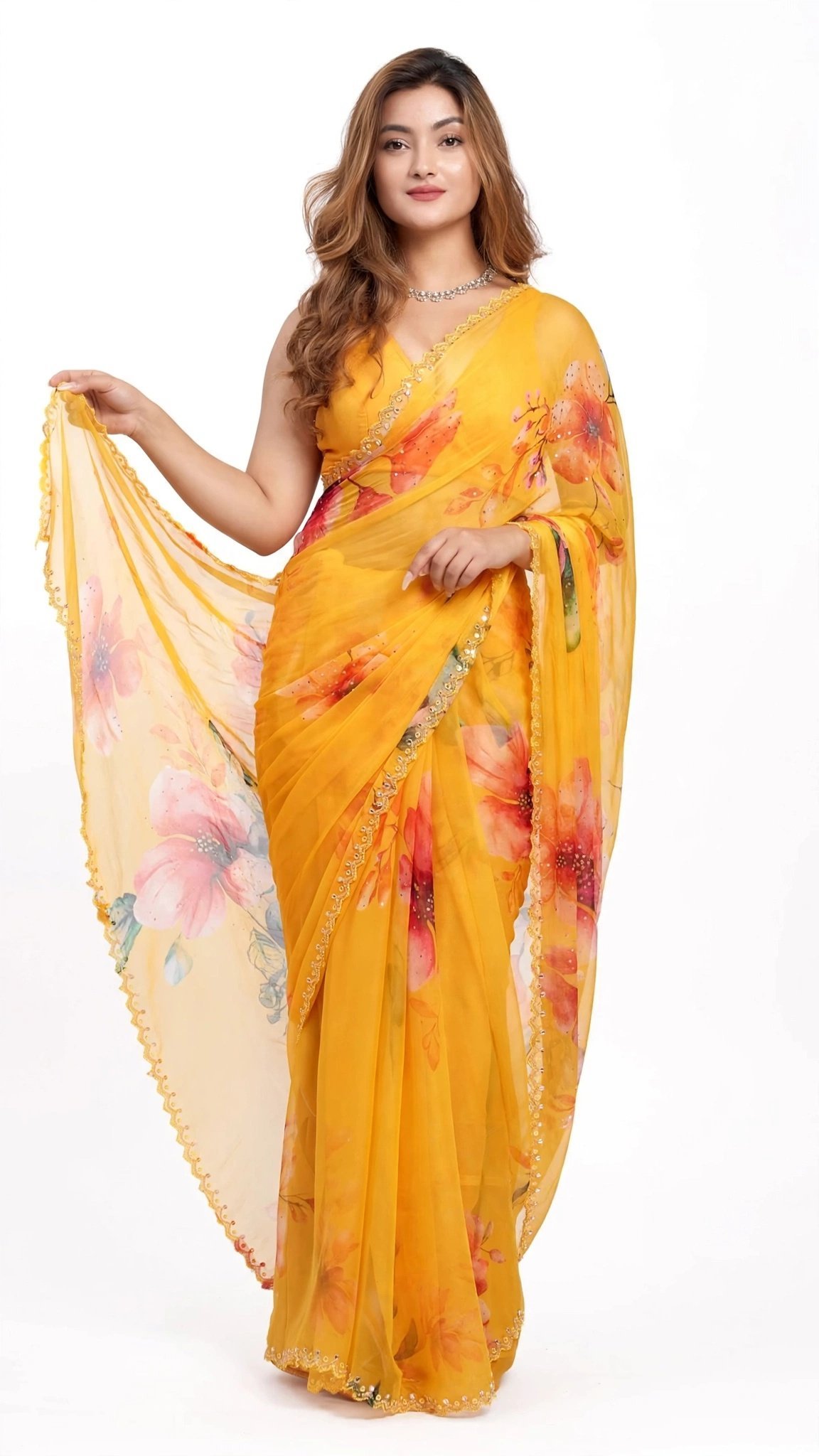 Sun-Kissed Floral Organza Saree with Sequin Border – Available in Yellow - Image 2