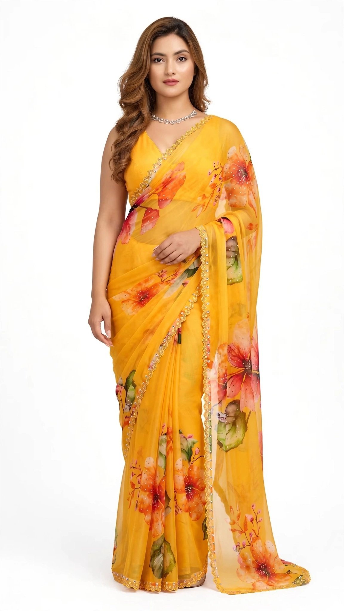 Sun-Kissed Floral Organza Saree with Sequin Border – Available in Yellow - Image 3