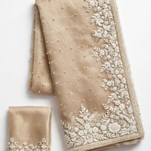 Opulent Champagne Shimmer Embroidered Organza Saree with Pearl Embellishments