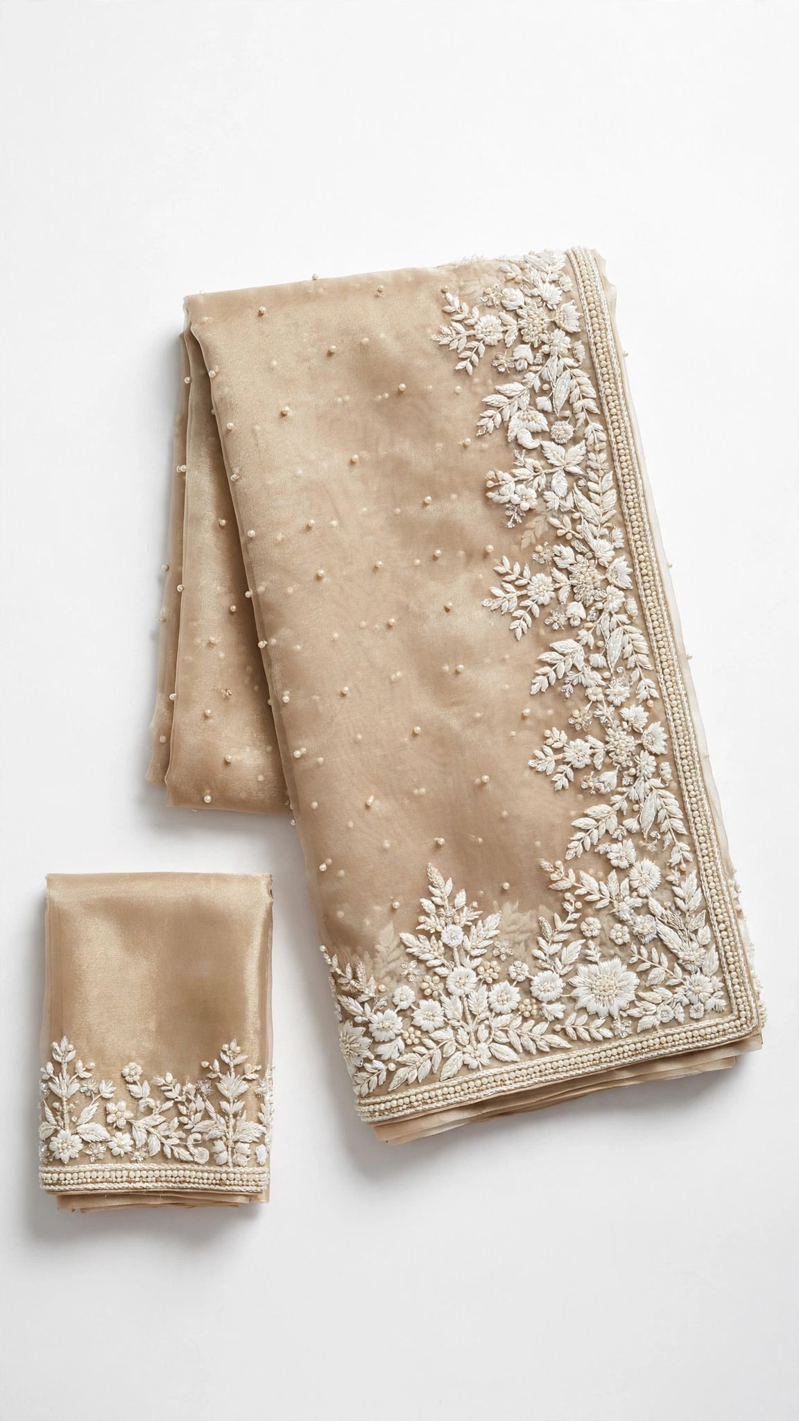 Opulent Champagne Shimmer Embroidered Organza Saree with Pearl Embellishments