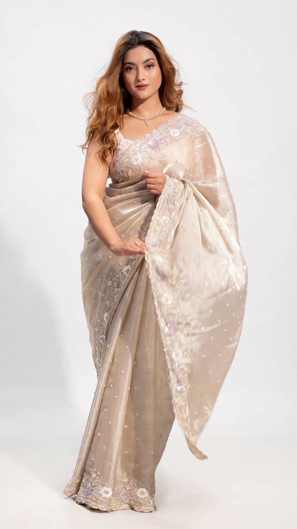 Opulent Champagne Shimmer Embroidered Organza Saree with Pearl Embellishments - Image 2