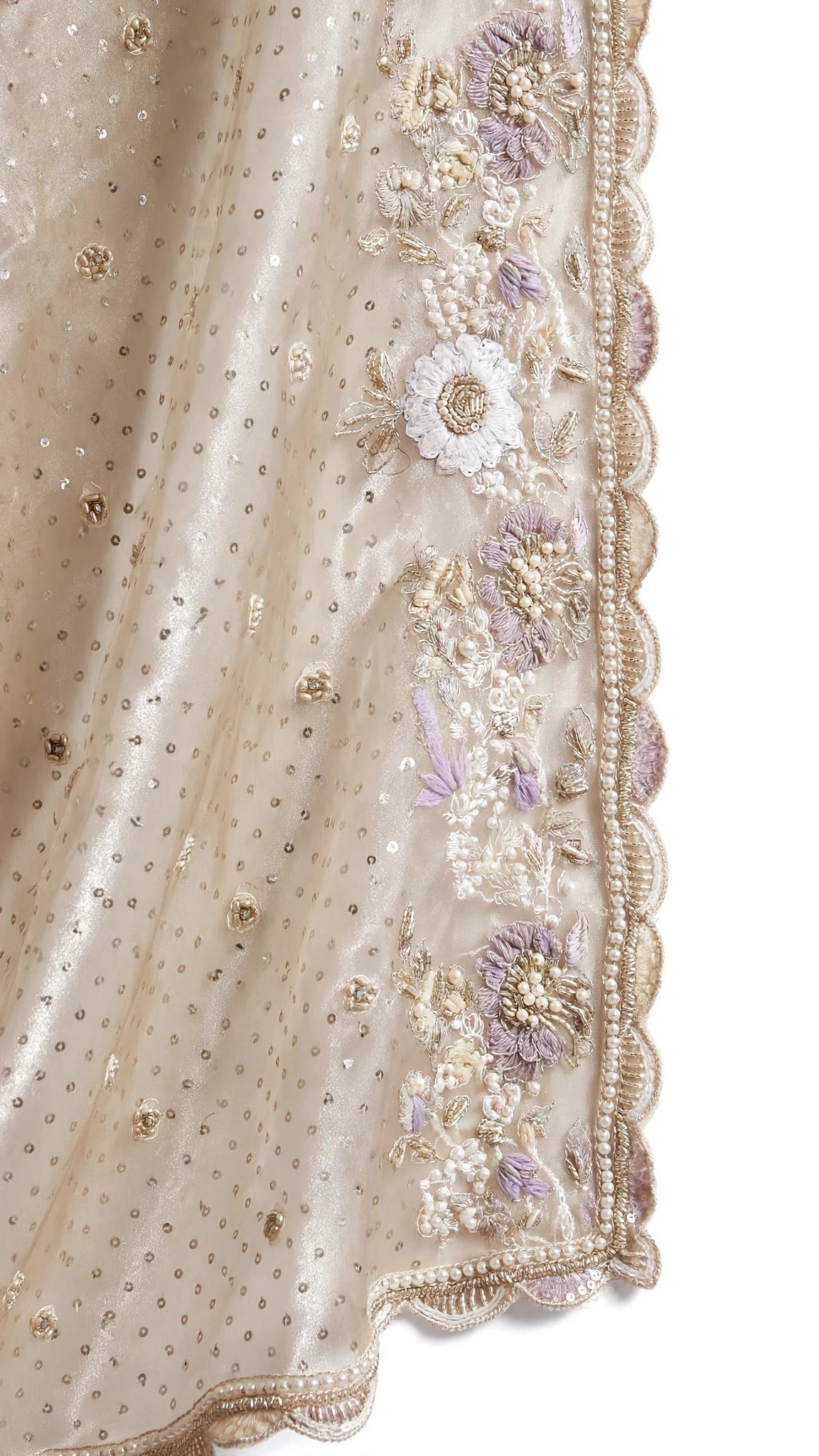 Opulent Champagne Shimmer Embroidered Organza Saree with Pearl Embellishments - Image 4