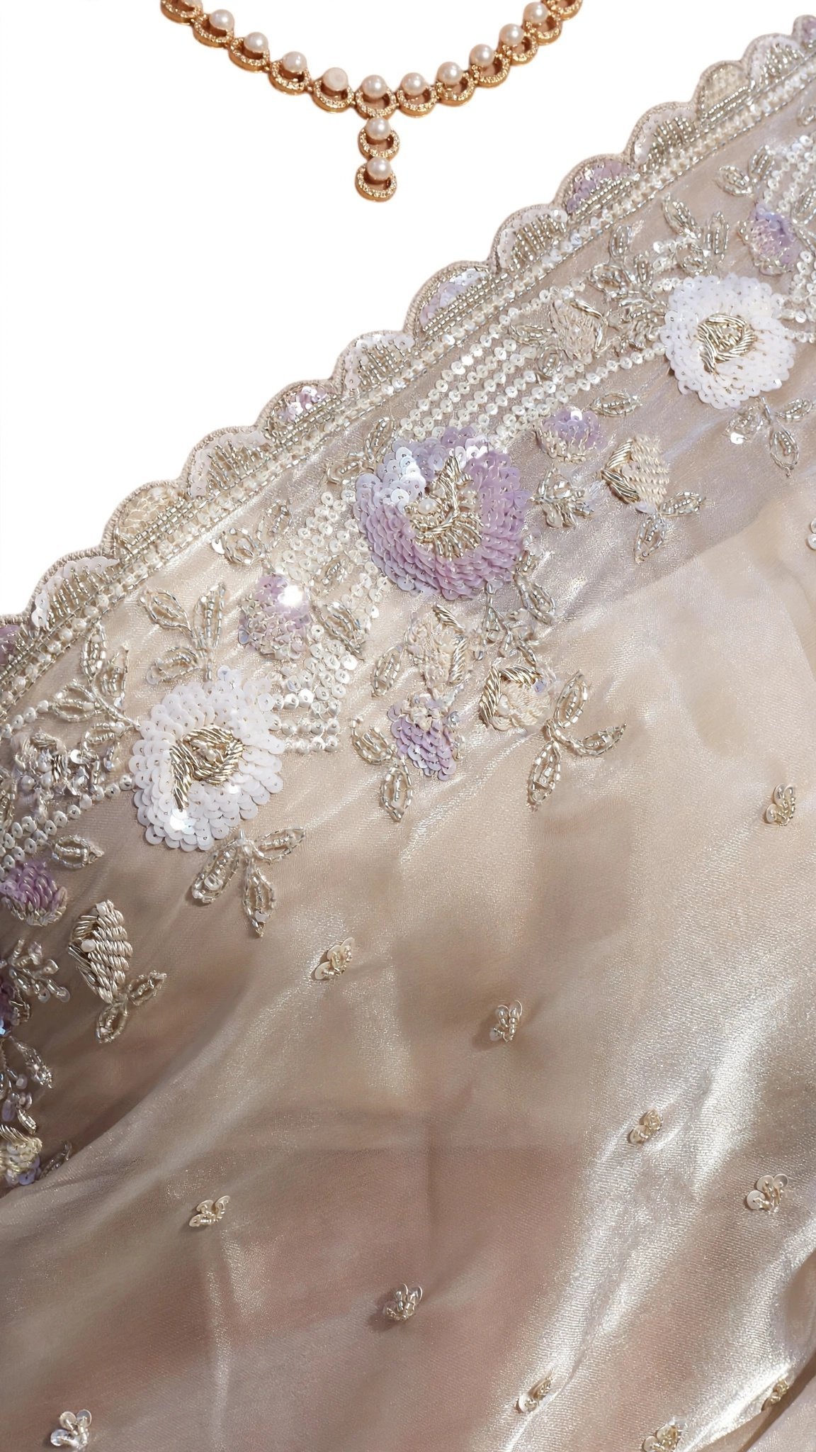 Opulent Champagne Shimmer Embroidered Organza Saree with Pearl Embellishments - Image 5