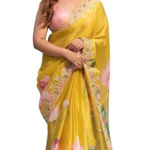 Sunshine Lotus Hand-Painted Organza Saree with Hand-Embroidered Scalloped Border