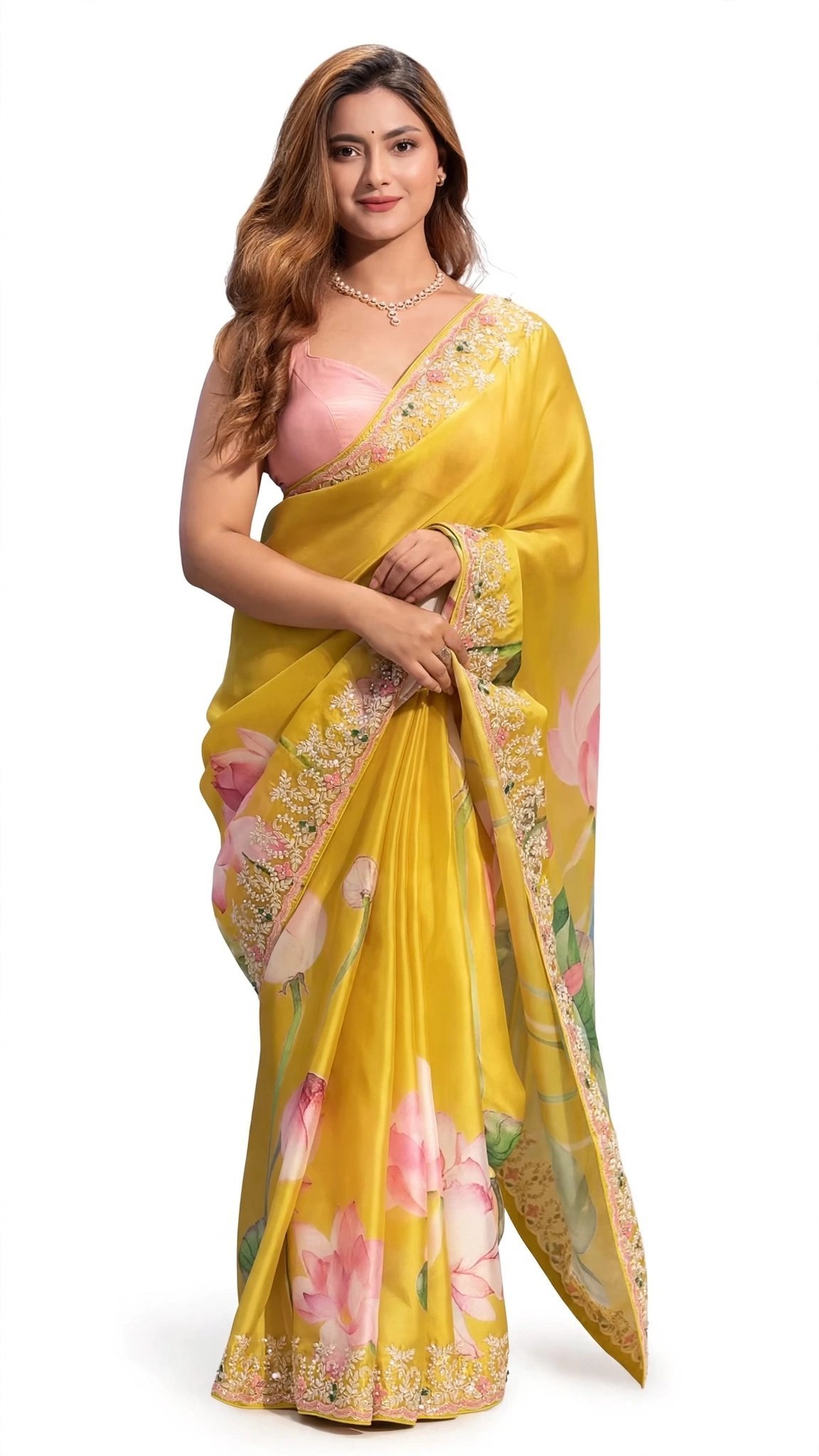 Sunshine Lotus Hand-Painted Organza Saree with Hand-Embroidered Scalloped Border