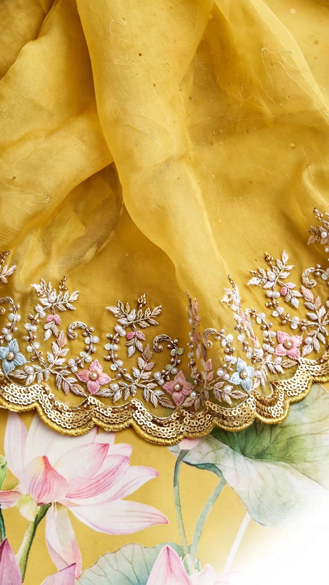 Sunshine Lotus Hand-Painted Organza Saree with Hand-Embroidered Scalloped Border - Image 3