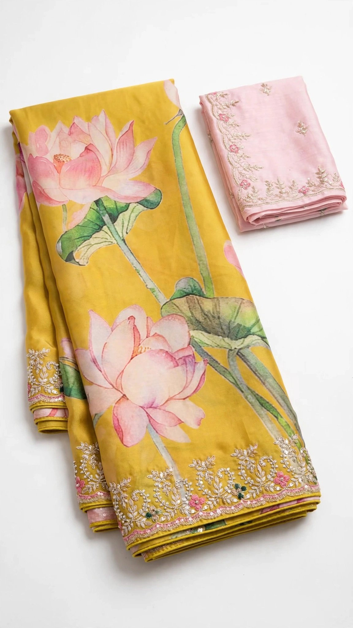 Sunshine Lotus Hand-Painted Organza Saree with Hand-Embroidered Scalloped Border - Image 4