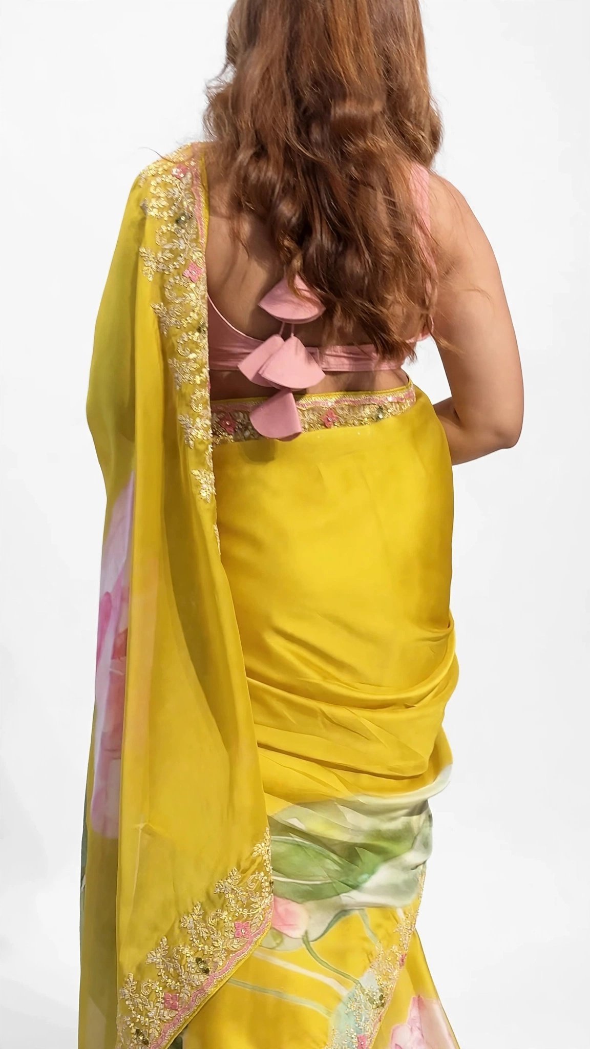 Sunshine Lotus Hand-Painted Organza Saree with Hand-Embroidered Scalloped Border - Image 5