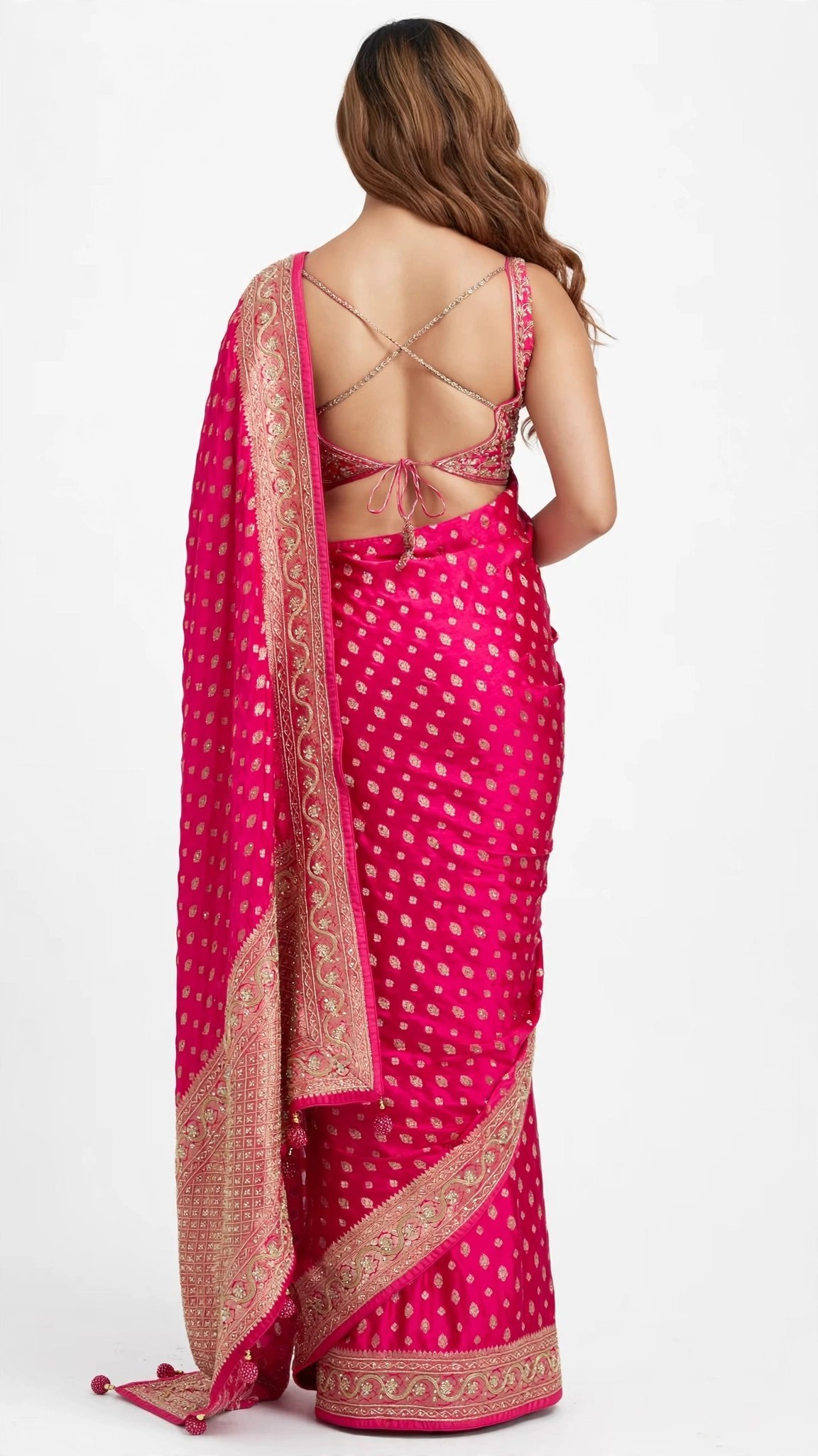 Radiant Rose Fuchsia Embellished Saree with Scalloped Zardosi Border - Image 4