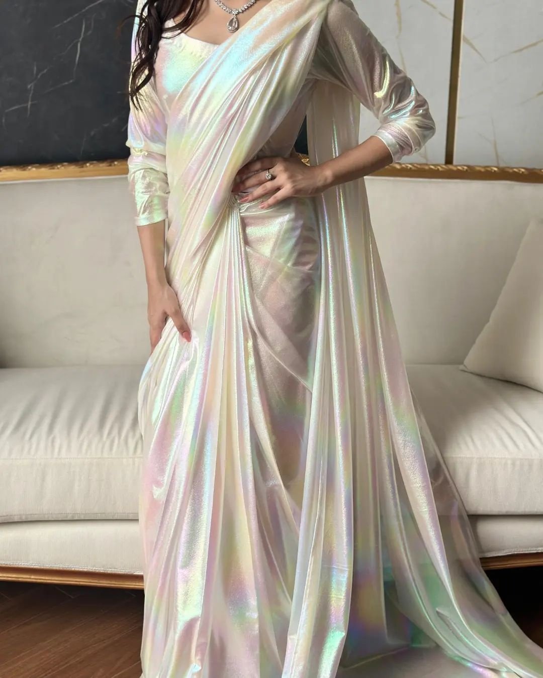 Ethereal Iridescent Shimmer Draped Saree – A Masterpiece of Modern Elegance
